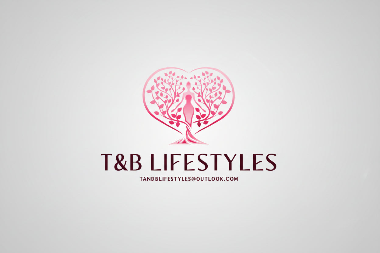 Logo of T&B Lifestyles with a stylized woman within a heart-shaped tree on a dark red background.